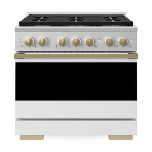 ZLINE Autograph Edition 36 in. 5.2 cu. ft. Marino Gas Range with 6 Burner Cooktop and Convection Gas Oven in Stainless Steel with White Matte Door and Champagne Bronze Accents (MGRZ-WM-36-CB)
