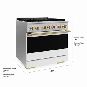 ZLINE Autograph Edition 36 in. 5.2 cu. ft. Marino Gas Range with 6 Burner Cooktop and Convection Gas Oven in Stainless Steel with White Matte Door and Polished Gold Accents (MGRZ-WM-36-G)