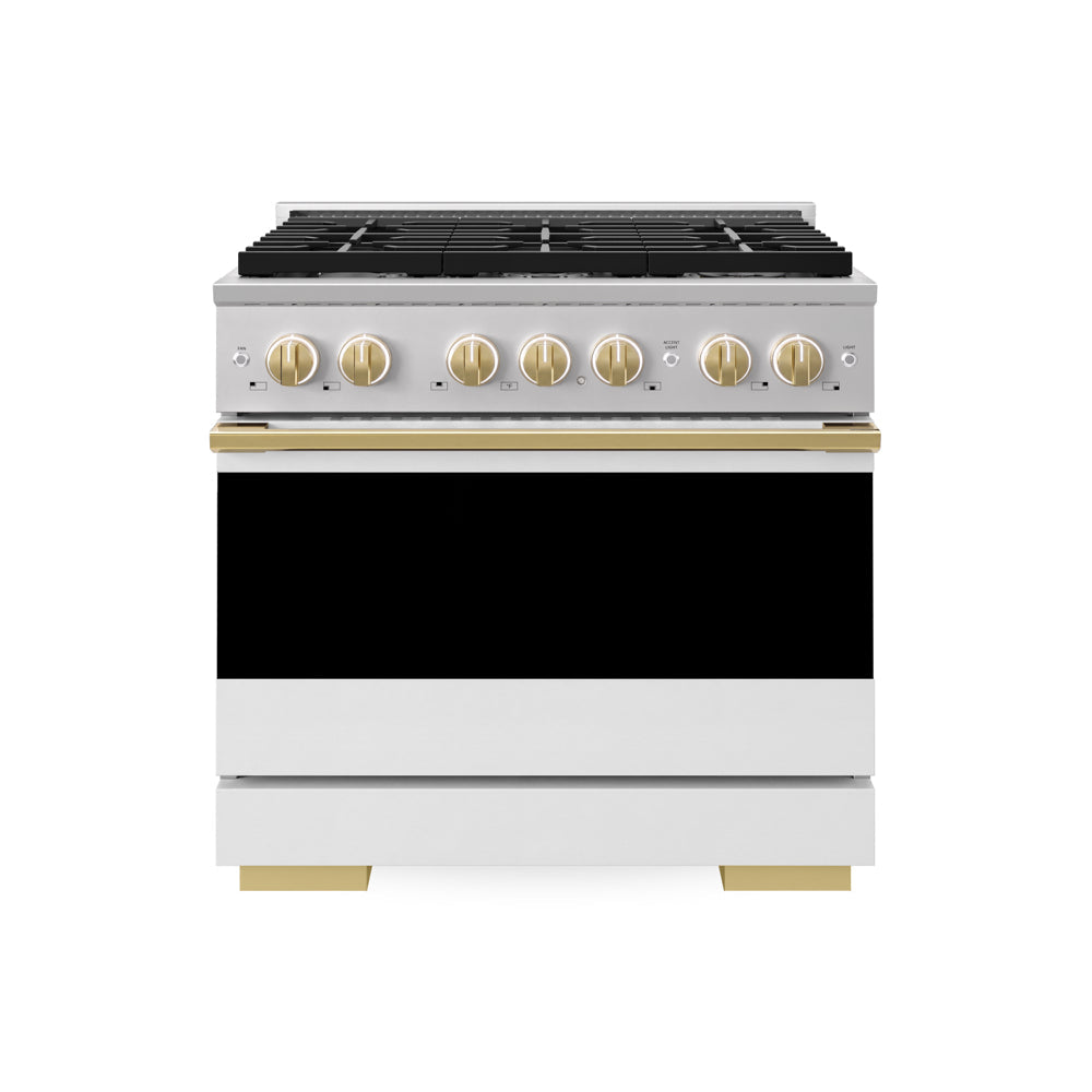 ZLINE Autograph Edition 36 in. 5.2 cu. ft. Marino Gas Range with 6 Burner Cooktop and Convection Gas Oven in Stainless Steel with White Matte Door and Polished Gold Accents (MGRZ-WM-36-G)