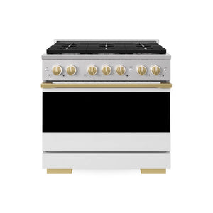 ZLINE Autograph Edition 36 in. 5.2 cu. ft. Marino Gas Range with 6 Burner Cooktop and Convection Gas Oven in Stainless Steel with White Matte Door and Polished Gold Accents (MGRZ-WM-36-G)