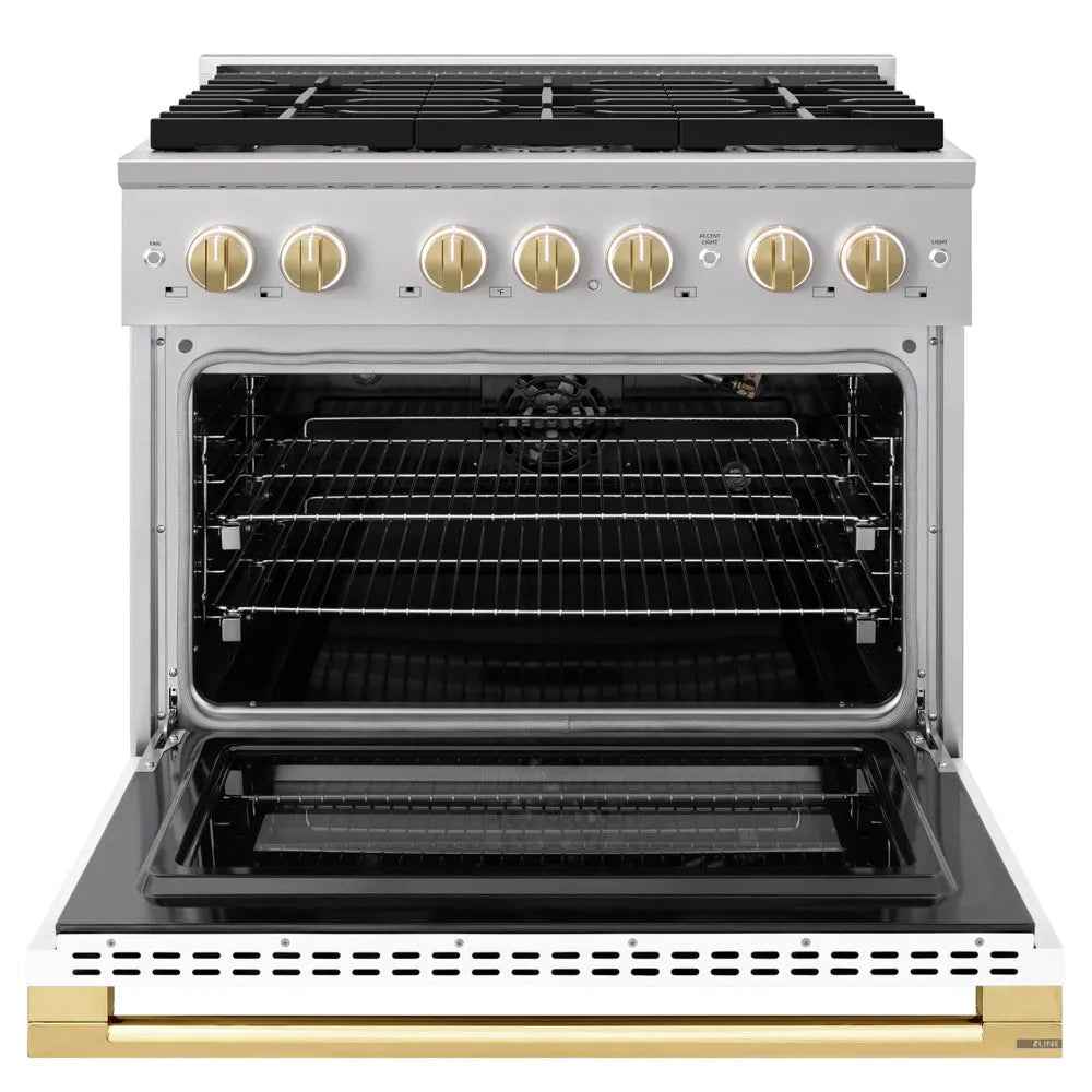 ZLINE Autograph Edition 36 in. 5.2 cu. ft. Marino Gas Range with 6 Burner Cooktop and Convection Gas Oven in Stainless Steel with White Matte Door and Polished Gold Accents (MGRZ-WM-36-G) front, oven open.