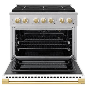 ZLINE Autograph Edition 36 in. 5.2 cu. ft. Marino Gas Range with 6 Burner Cooktop and Convection Gas Oven in Stainless Steel with White Matte Door and Polished Gold Accents (MGRZ-WM-36-G) front, oven open.