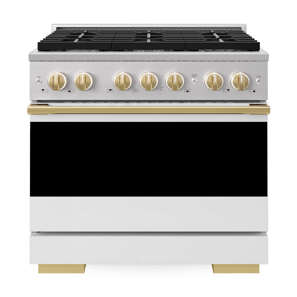 ZLINE Autograph Edition 36 in. 5.2 cu. ft. Marino Gas Range with 6 Burner Cooktop and Convection Gas Oven in Stainless Steel with White Matte Door and Polished Gold Accents (MGRZ-WM-36-G)
