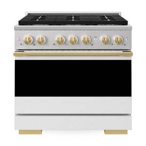 ZLINE Autograph Edition 36 in. 5.2 cu. ft. Marino Gas Range with 6 Burner Cooktop and Convection Gas Oven in Stainless Steel with White Matte Door and Polished Gold Accents (MGRZ-WM-36-G)
