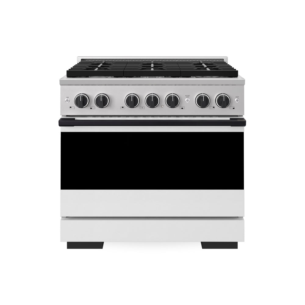 ZLINE Autograph Edition 36 in. 5.2 cu. ft. Marino Gas Range with 6 Burner Cooktop and Convection Gas Oven in Stainless Steel with White Matte Door and Matte Black Accents (MGRZ-WM-36-MB)