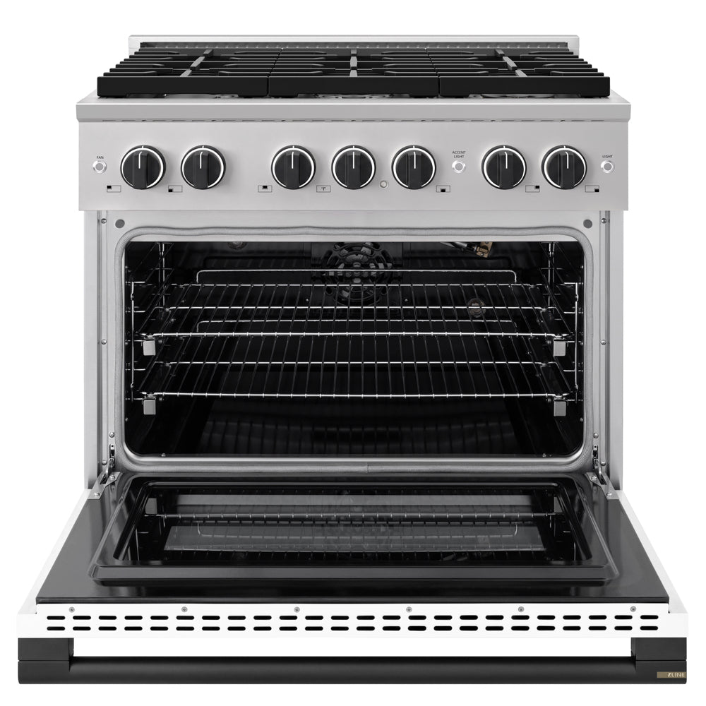 ZLINE Autograph Edition 36 in. 5.2 cu. ft. Marino Gas Range with 6 Burner Cooktop and Convection Gas Oven in Stainless Steel with White Matte Door and Matte Black Accents (MGRZ-WM-36-MB)