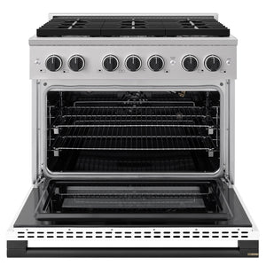 ZLINE Autograph Edition 36 in. 5.2 cu. ft. Marino Gas Range with 6 Burner Cooktop and Convection Gas Oven in Stainless Steel with White Matte Door and Matte Black Accents (MGRZ-WM-36-MB)