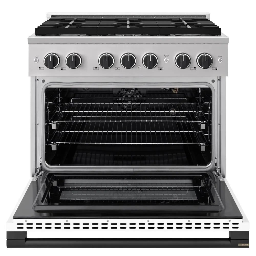ZLINE Autograph Edition 36 in. 5.2 cu. ft. Marino Gas Range with 6 Burner Cooktop and Convection Gas Oven in Stainless Steel with White Matte Door and Matte Black Accents (MGRZ-WM-36-MB) front, oven open.