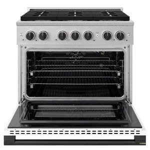 ZLINE Autograph Edition 36 in. 5.2 cu. ft. Marino Gas Range with 6 Burner Cooktop and Convection Gas Oven in Stainless Steel with White Matte Door and Matte Black Accents (MGRZ-WM-36-MB) front, oven open.