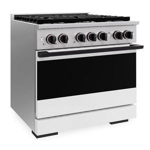 ZLINE Autograph Edition 36 in. 5.2 cu. ft. Marino Gas Range with 6 Burner Cooktop and Convection Gas Oven in Stainless Steel with White Matte Door and Matte Black Accents (MGRZ-WM-36-MB)