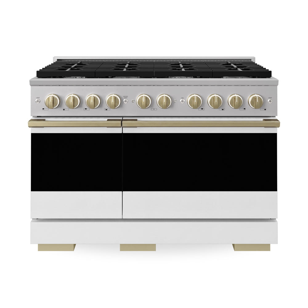 ZLINE Autograph Edition 48 in. 6.7 cu. ft. Marino Double Oven Gas Range with 8 Burner Cooktop in Stainless Steel with White Matte Doors and Champagne Bronze Accents (MGRZ-WM-48-CB)