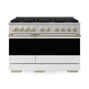 ZLINE Autograph Edition 48 in. 6.7 cu. ft. Marino Double Oven Gas Range with 8 Burner Cooktop in Stainless Steel with White Matte Doors and Champagne Bronze Accents (MGRZ-WM-48-CB)