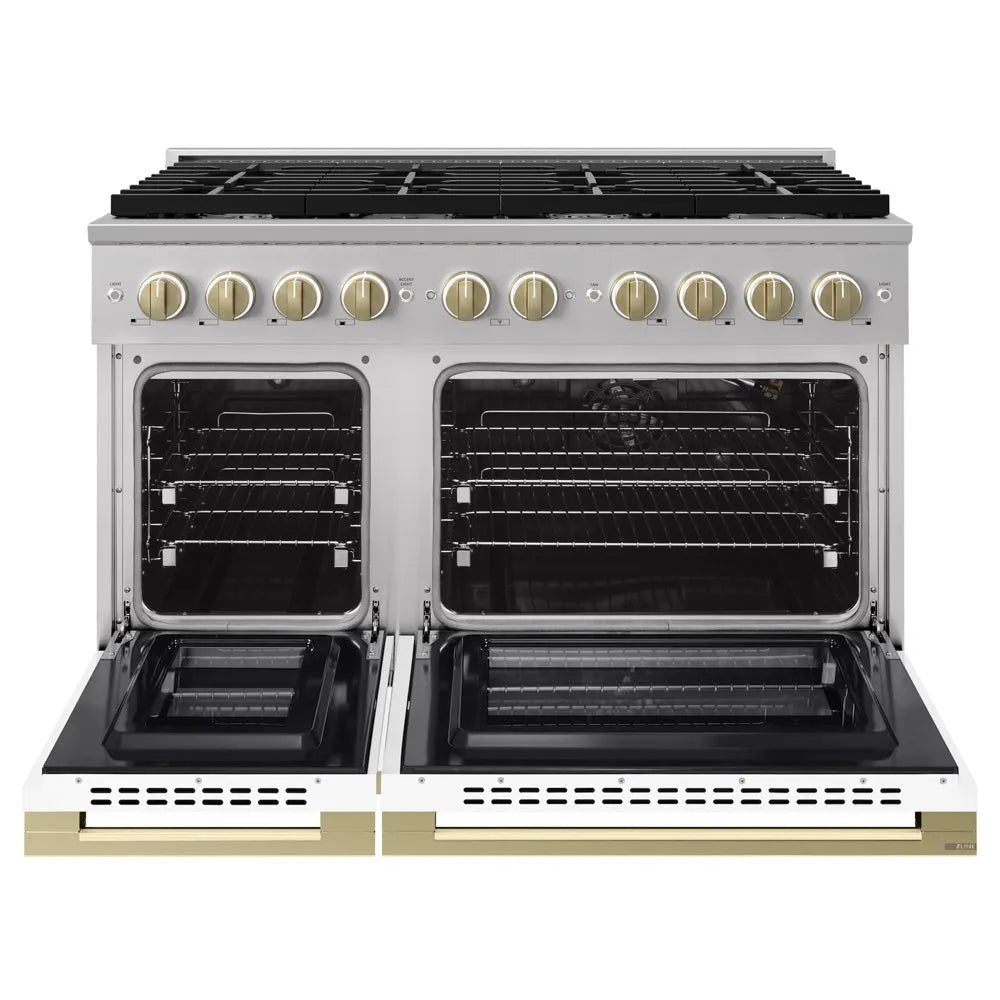 ZLINE Autograph Edition 48 in. 6.7 cu. ft. Marino Double Oven Gas Range with 8 Burner Cooktop in Stainless Steel with White Matte Doors and Champagne Bronze Accents (MGRZ-WM-48-CB) front, oven open.