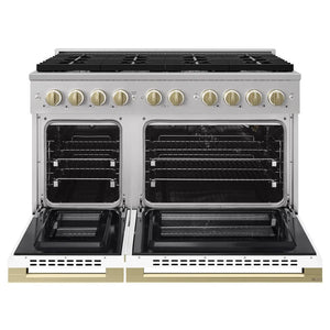 ZLINE Autograph Edition 48 in. 6.7 cu. ft. Marino Double Oven Gas Range with 8 Burner Cooktop in Stainless Steel with White Matte Doors and Champagne Bronze Accents (MGRZ-WM-48-CB) front, oven open.