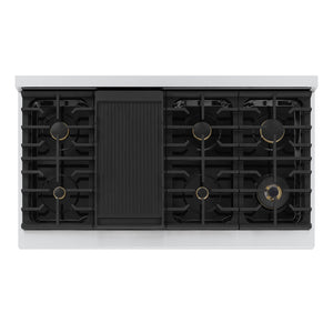 ZLINE Autograph Edition 48 in. 6.7 cu. ft. Marino Double Oven Gas Range with 8 Burner Cooktop in Stainless Steel with White Matte Doors and Champagne Bronze Accents (MGRZ-WM-48-CB)