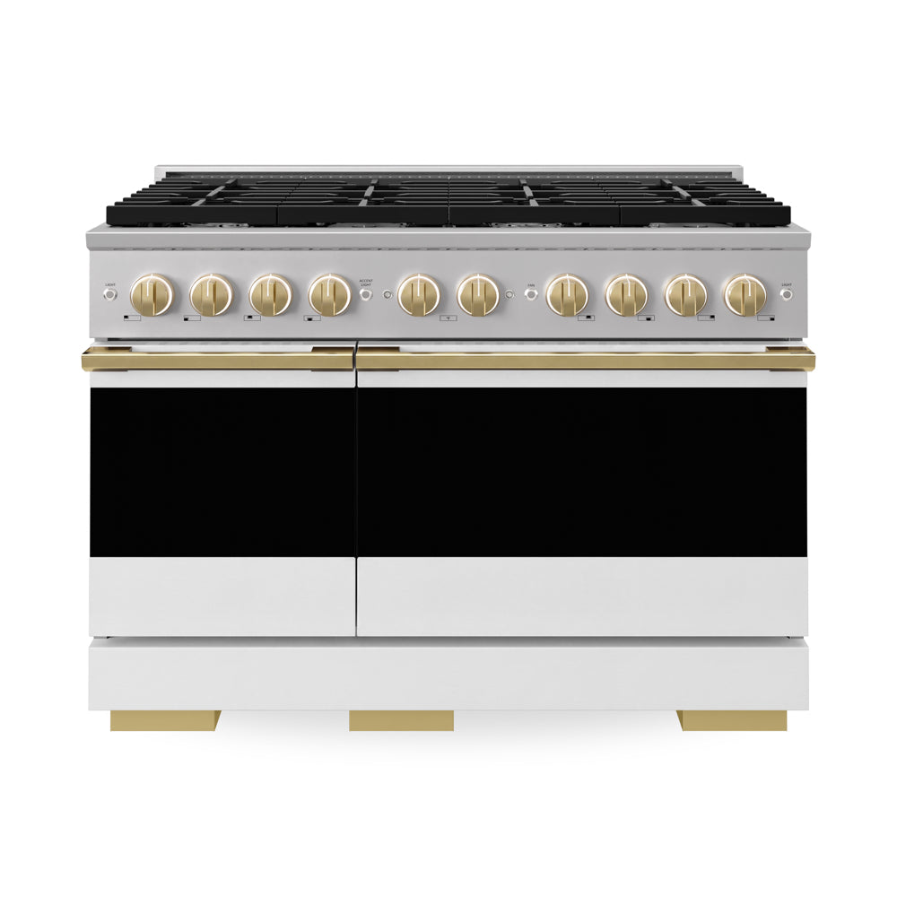 ZLINE Autograph Edition 48 in. 6.7 cu. ft. Marino Double Oven Gas Range with 8 Burner Cooktop in Stainless Steel with White Matte Doors and Polished Gold Accents (MGRZ-WM-48-G)