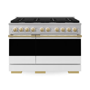 ZLINE Autograph Edition 48 in. 6.7 cu. ft. Marino Double Oven Gas Range with 8 Burner Cooktop in Stainless Steel with White Matte Doors and Polished Gold Accents (MGRZ-WM-48-G)