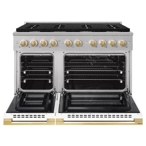 ZLINE Autograph Edition 48 in. 6.7 cu. ft. Marino Double Oven Gas Range with 8 Burner Cooktop in Stainless Steel with White Matte Doors and Polished Gold Accents (MGRZ-WM-48-G) front, oven open.