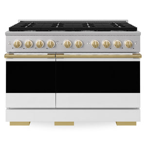 ZLINE Autograph Edition 48 in. 6.7 cu. ft. Marino Double Oven Gas Range with 8 Burner Cooktop in Stainless Steel with White Matte Doors and Polished Gold Accents (MGRZ-WM-48-G)