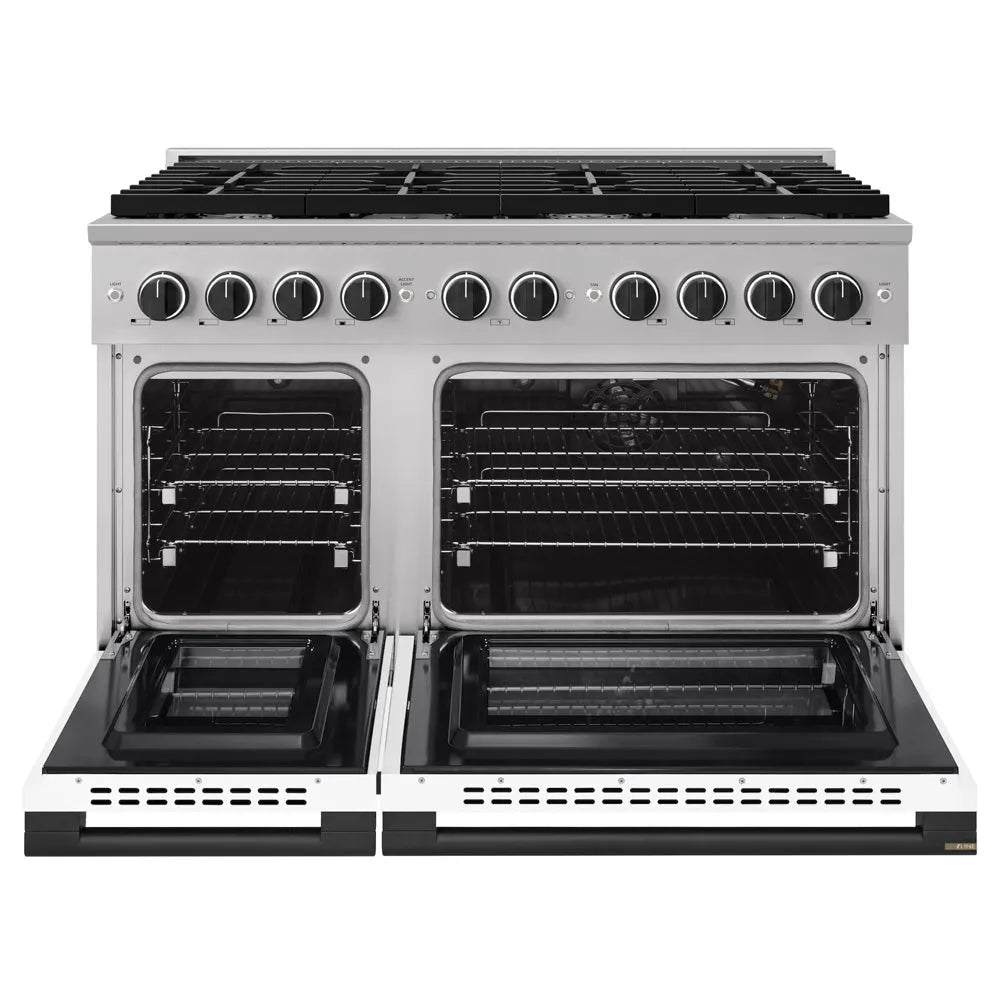 ZLINE Autograph Edition 48 in. 6.7 cu. ft. Marino Double Oven Gas Range with 8 Burner Cooktop in Stainless Steel with White Matte Doors and Matte Black Accents (MGRZ-WM-48-MB) front, oven open.