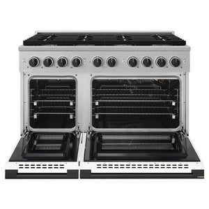 ZLINE Autograph Edition 48 in. 6.7 cu. ft. Marino Double Oven Gas Range with 8 Burner Cooktop in Stainless Steel with White Matte Doors and Matte Black Accents (MGRZ-WM-48-MB) front, oven open.