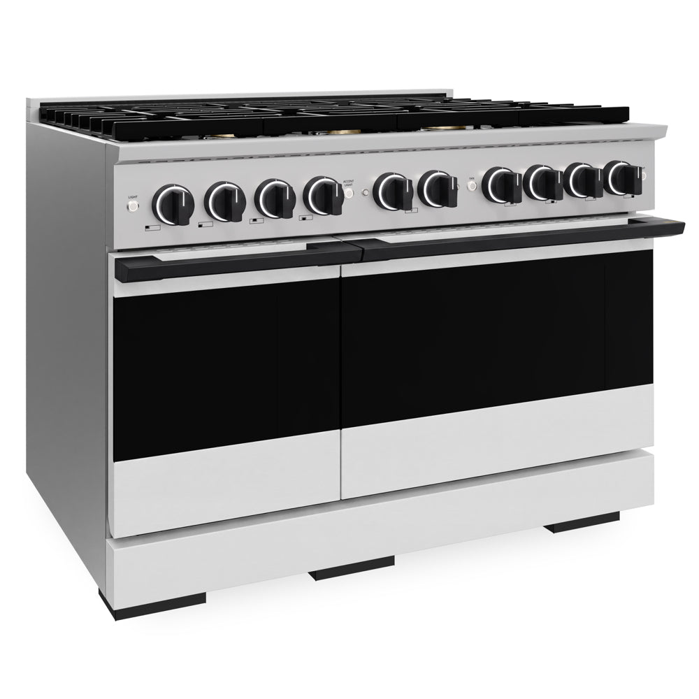 ZLINE Autograph Edition 48 in. 6.7 cu. ft. Marino Double Oven Gas Range with 8 Burner Cooktop in Stainless Steel with White Matte Doors and Matte Black Accents (MGRZ-WM-48-MB)