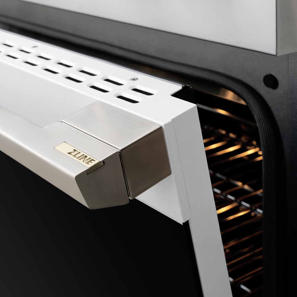 ZLINE 36 in. 5.2 cu. ft. Marino Gas Range with 6 Burner DuoPro™ Cooktop and Convection Gas Oven with White Matte Door (PMGR-WM-36) close-up, oven door handle.