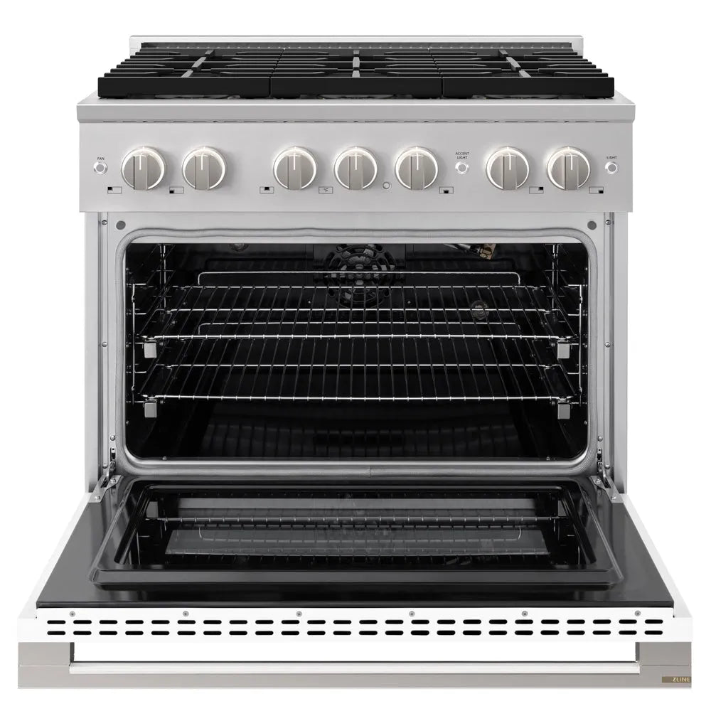 ZLINE 36 in. 5.2 cu. ft. Marino Gas Range with 6 Burner DuoPro™ Cooktop and Convection Gas Oven with White Matte Door (PMGR-WM-36) front, oven open.