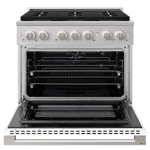 ZLINE 36 in. 5.2 cu. ft. Marino Gas Range with 6 Burner DuoPro™ Cooktop and Convection Gas Oven with White Matte Door (PMGR-WM-36) front, oven open.