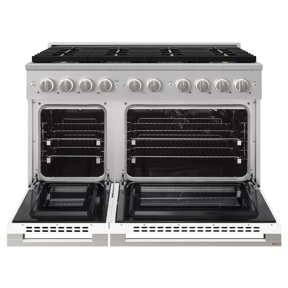 ZLINE 48 in. 6.7 cu. ft. Marino Gas Range with 8 Burner DuoPro™ Cooktop and Dual Ovens with White Matte Doors (PMGR-WM-48) front, oven open.