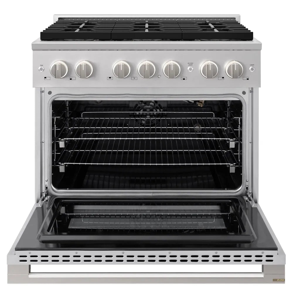 ZLINE 36 in. 5.2 cu. ft. Marino Gas Range with 6 Burner DuoPro™ Cooktop and Convection Gas Oven in Stainless Steel (PMGR36) front, oven open.
