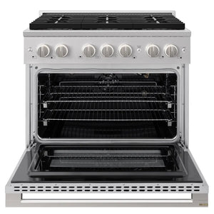 ZLINE 36 in. 5.2 cu. ft. Marino Gas Range with 6 Burner DuoPro™ Cooktop and Convection Gas Oven in Stainless Steel (PMGR36) front, oven open.