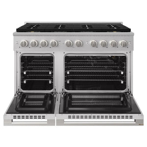 ZLINE 48 in. 6.7 cu. ft. Marino Gas Range with 8 Burner DuoPro™ Cooktop and Dual Ovens in Stainless Steel (PMGR48) front, oven open.