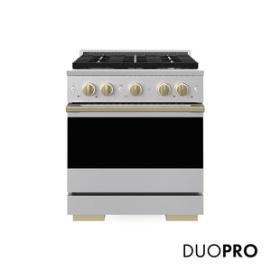 ZLINE Autograph Edition 30 in. 4.2 cu. ft. Marino Gas Range with 4 Burner DuoPro™ Cooktop and Convection Gas Oven in Stainless Steel with Champagne Bronze Accents (PMGRZ-30-CB) main image.