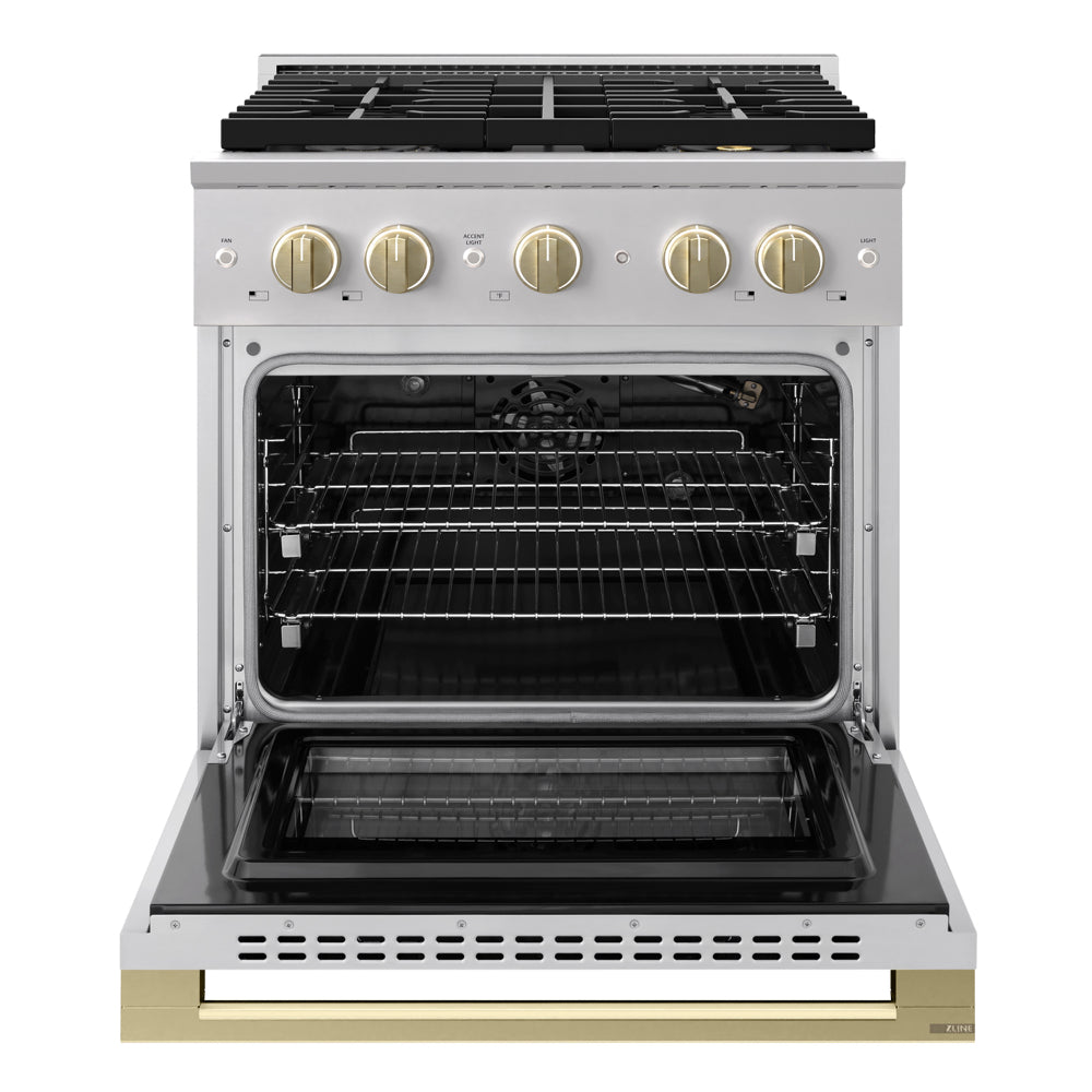 ZLINE Autograph Edition 30 in. 4.2 cu. ft. Marino Gas Range with 4 Burner DuoPro™ Cooktop and Convection Gas Oven in Stainless Steel with Champagne Bronze Accents (PMGRZ-30-CB)
