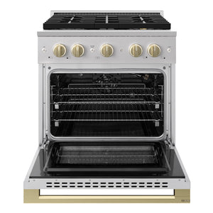 ZLINE Autograph Edition 30 in. 4.2 cu. ft. Marino Gas Range with 4 Burner DuoPro™ Cooktop and Convection Gas Oven in Stainless Steel with Champagne Bronze Accents (PMGRZ-30-CB)