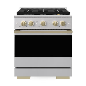 ZLINE Autograph Edition 30 in. 4.2 cu. ft. Marino Gas Range with 4 Burner DuoPro™ Cooktop and Convection Gas Oven in Stainless Steel with Champagne Bronze Accents (PMGRZ-30-CB)