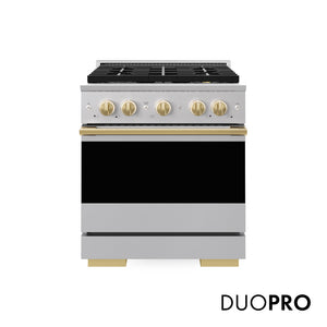 ZLINE Autograph Edition 30 in. 4.2 cu. ft. Marino Gas Range with 4 Burner DuoPro™ Cooktop and Convection Gas Oven in Stainless Steel with Polished Gold Accents (PMGRZ-30-G)