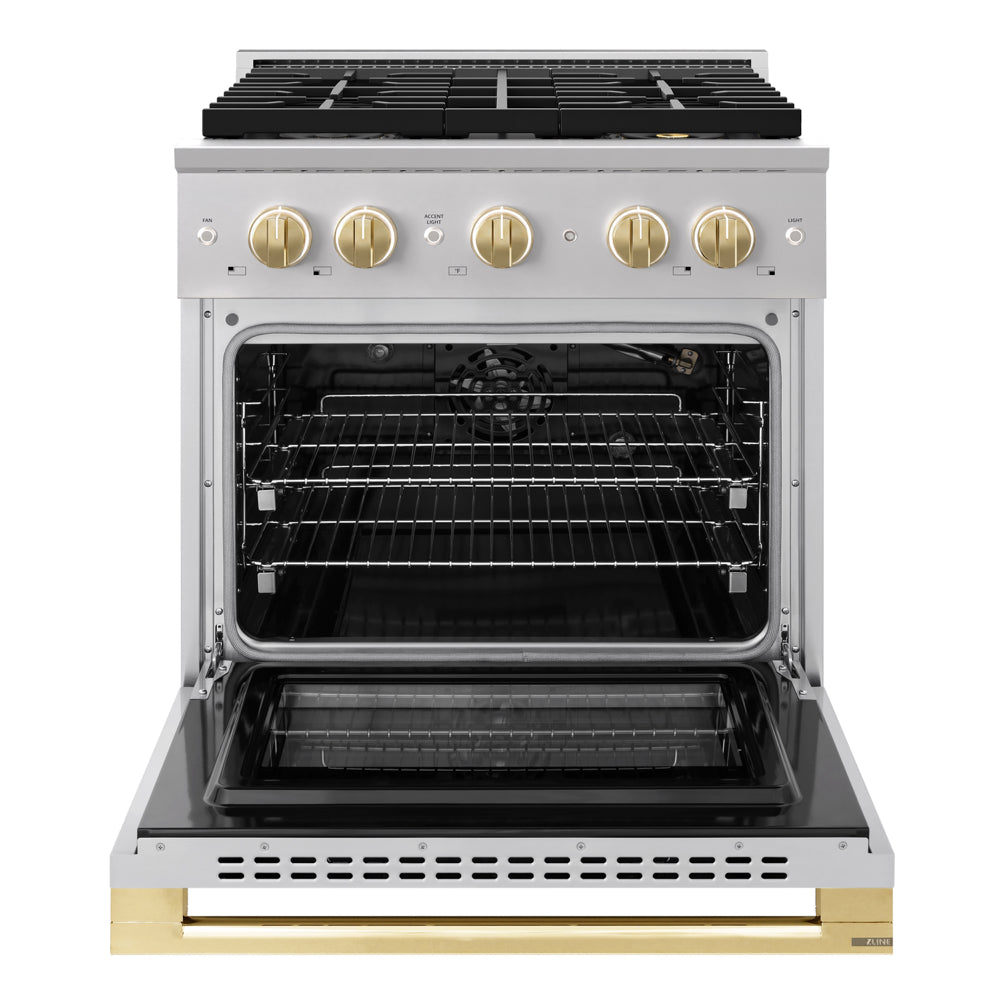 ZLINE Autograph Edition 30 in. 4.2 cu. ft. Marino Gas Range with 4 Burner DuoPro™ Cooktop and Convection Gas Oven in Stainless Steel with Polished Gold Accents (PMGRZ-30-G)