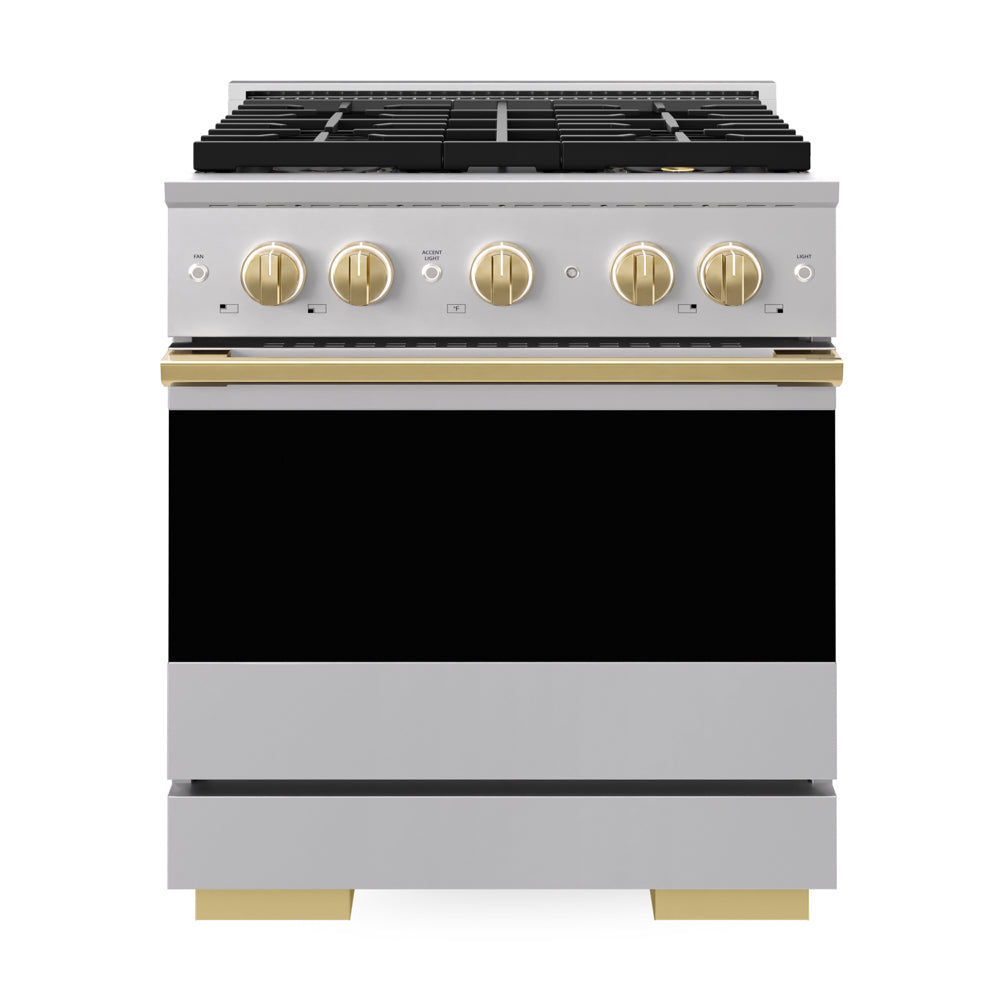ZLINE Autograph Edition 30 in. 4.2 cu. ft. Marino Gas Range with 4 Burner DuoPro™ Cooktop and Convection Gas Oven in Stainless Steel with Polished Gold Accents (PMGRZ-30-G)