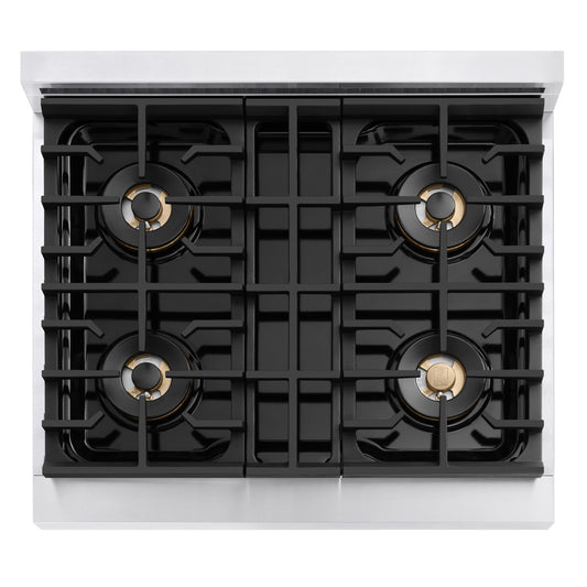 ZLINE Autograph Edition 30 in. 4.2 cu. ft. Marino Gas Range with 4 Burner DuoPro™ Cooktop and Convection Gas Oven in Stainless Steel with Polished Gold Accents (PMGRZ-30-G) top-down, above cooking surface.