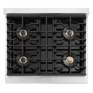 ZLINE Autograph Edition 30 in. 4.2 cu. ft. Marino Gas Range with 4 Burner DuoPro™ Cooktop and Convection Gas Oven in Stainless Steel with Polished Gold Accents (PMGRZ-30-G) top-down, above cooking surface.