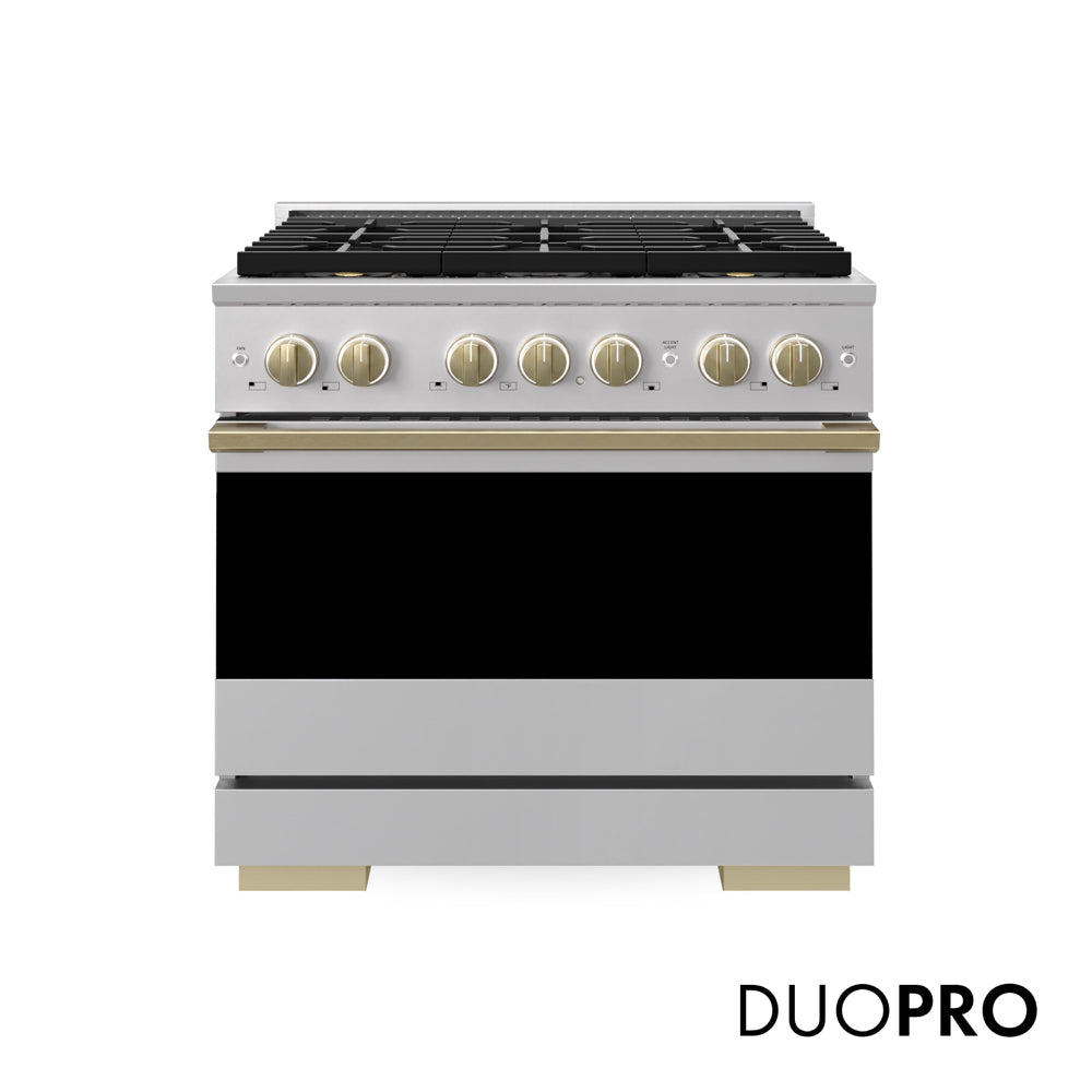 ZLINE Autograph Edition 36 in. 5.2 cu. ft. Marino Gas Range with 6 Burner DuoPro™ Cooktop and Convection Gas Oven in Stainless Steel and Champagne Bronze Accents (PMGRZ-36-CB) main image.