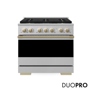 ZLINE Autograph Edition 36 in. 5.2 cu. ft. Marino Gas Range with 6 Burner DuoPro™ Cooktop and Convection Gas Oven in Stainless Steel and Champagne Bronze Accents (PMGRZ-36-CB) main image.