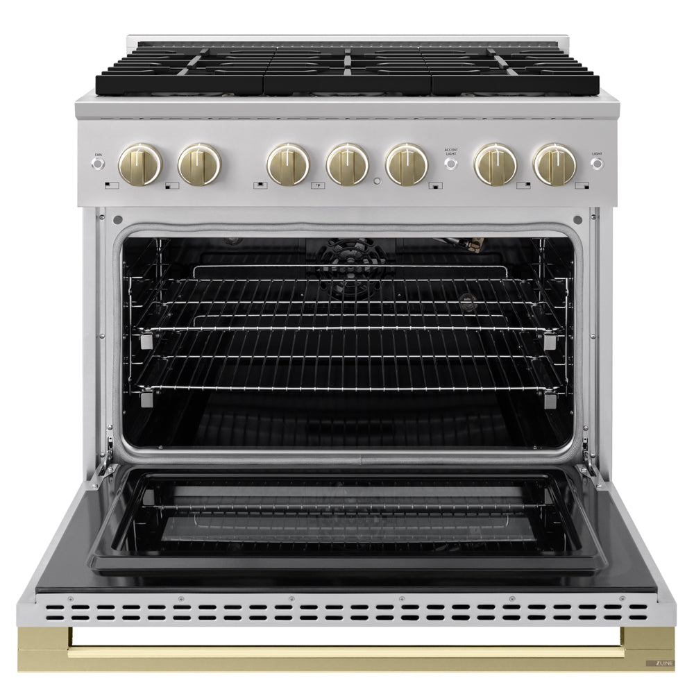 ZLINE Autograph Edition 36 in. 5.2 cu. ft. Marino Gas Range with 6 Burner DuoPro™ Cooktop and Convection Gas Oven in Stainless Steel and Champagne Bronze Accents (PMGRZ-36-CB)