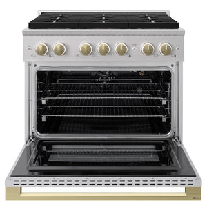 ZLINE Autograph Edition 36 in. 5.2 cu. ft. Marino Gas Range with 6 Burner DuoPro™ Cooktop and Convection Gas Oven in Stainless Steel and Champagne Bronze Accents (PMGRZ-36-CB)