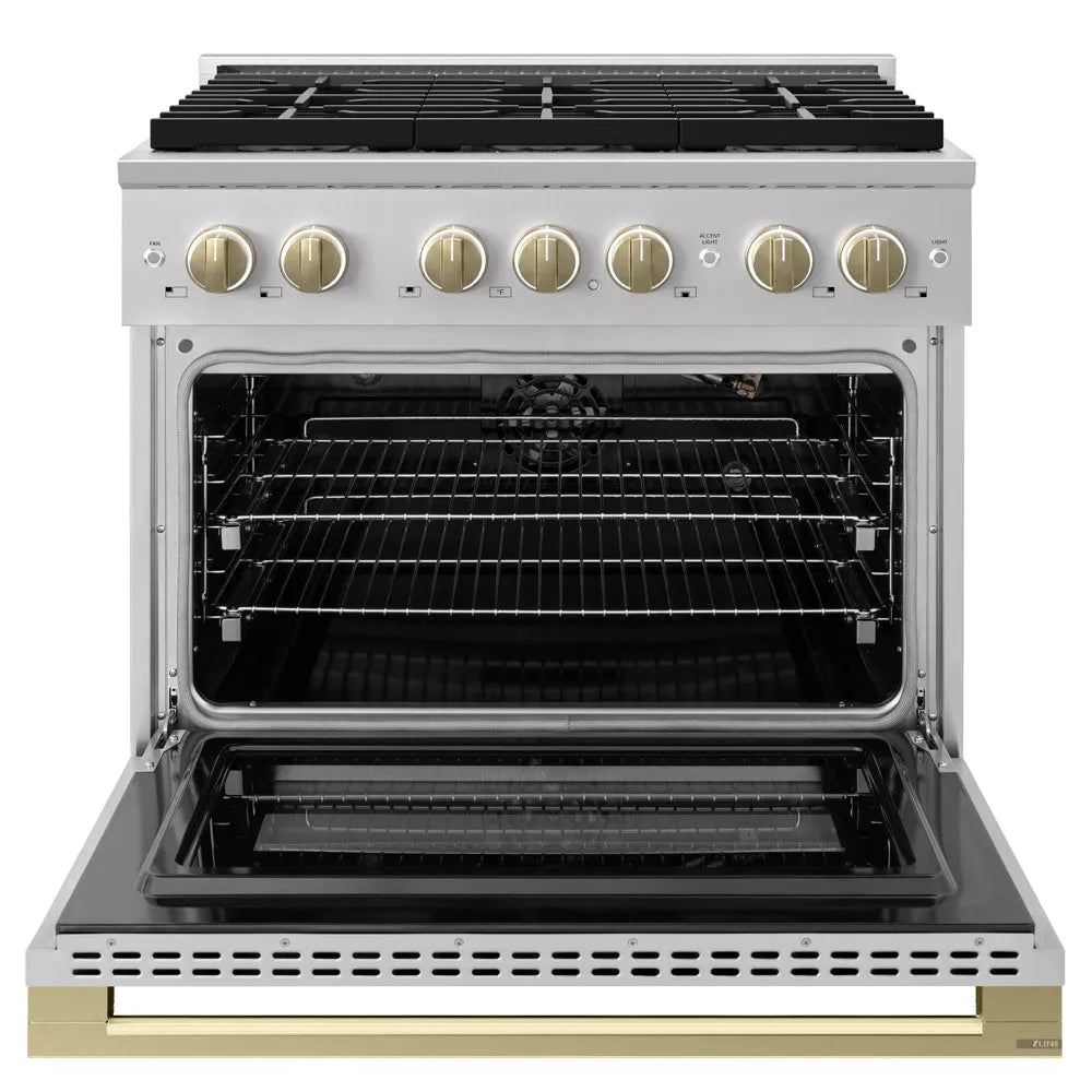 ZLINE Autograph Edition 36 in. 5.2 cu. ft. Marino Gas Range with 6 Burner DuoPro™ Cooktop and Convection Gas Oven in Stainless Steel and Champagne Bronze Accents (PMGRZ-36-CB) front, oven open.