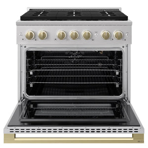 ZLINE Autograph Edition 36 in. 5.2 cu. ft. Marino Gas Range with 6 Burner DuoPro™ Cooktop and Convection Gas Oven in Stainless Steel and Champagne Bronze Accents (PMGRZ-36-CB) front, oven open.