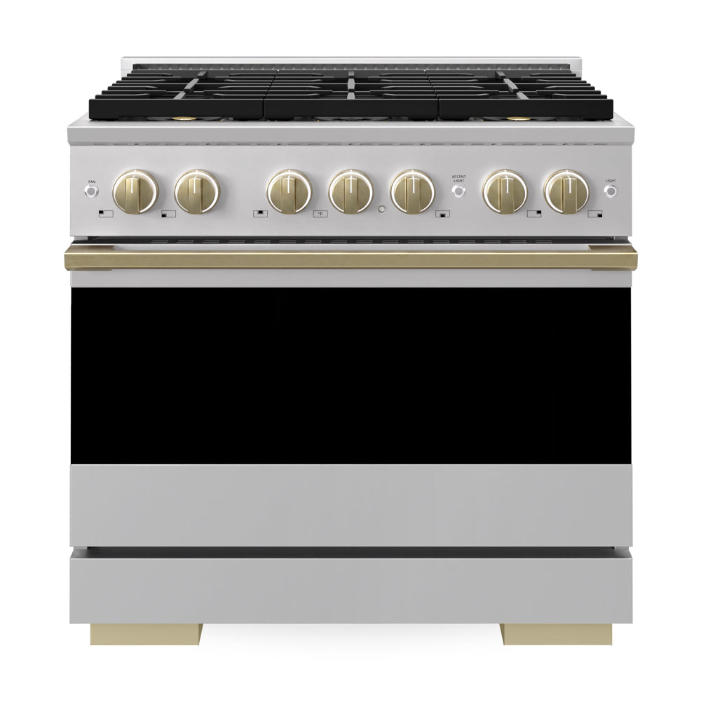 ZLINE Autograph Edition 36 in. 5.2 cu. ft. Marino Gas Range with 6 Burner DuoPro™ Cooktop and Convection Gas Oven in Stainless Steel and Champagne Bronze Accents (PMGRZ-36-CB)