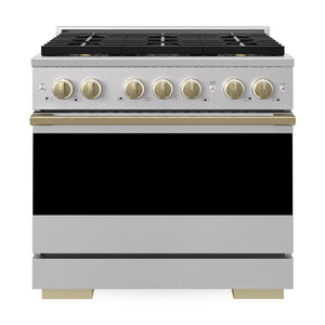 ZLINE Autograph Edition 36 in. 5.2 cu. ft. Marino Gas Range with 6 Burner DuoPro™ Cooktop and Convection Gas Oven in Stainless Steel and Champagne Bronze Accents (PMGRZ-36-CB)